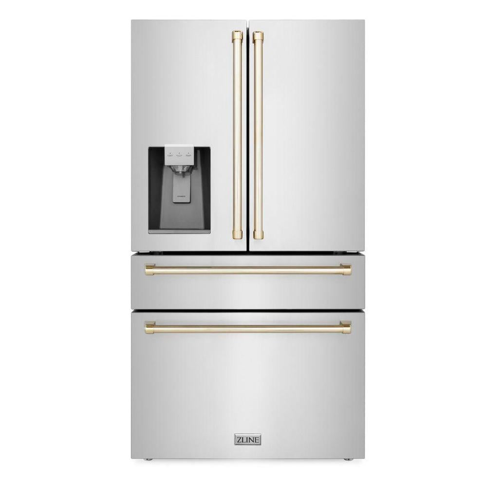 ZLINE Autograph Edition 48 in. Kitchen Package with Stainless Steel Dual Fuel Range, Range Hood, Dishwasher and Refrigerator Including External Water Dispenser with Polished Gold Accents (4AKPR-RARHDWM48-G)