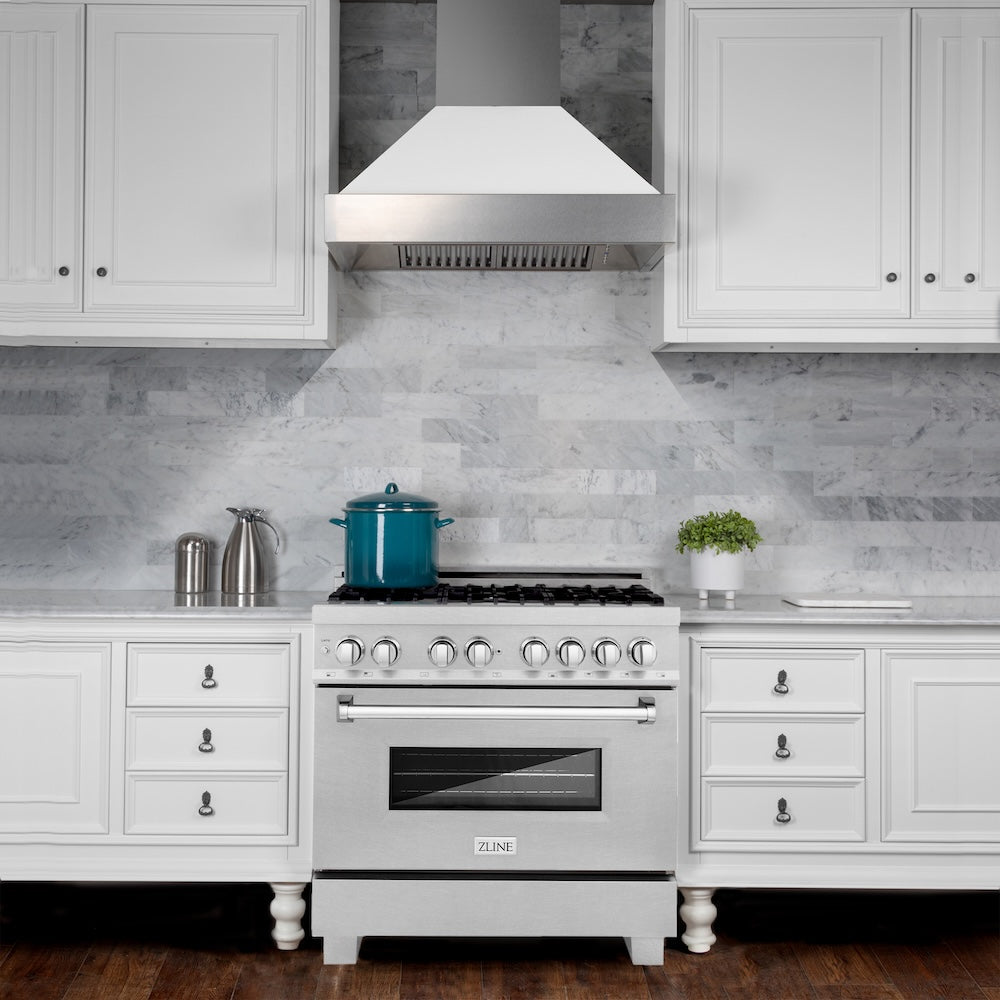 ZLINE 36 in. 4.6 cu. ft. Legacy Dual Fuel Range with Gas Cooktop and Electric Convection Oven in Satin Stainless Steel with 6 Brass Burners (RAS-SN-BR-36)