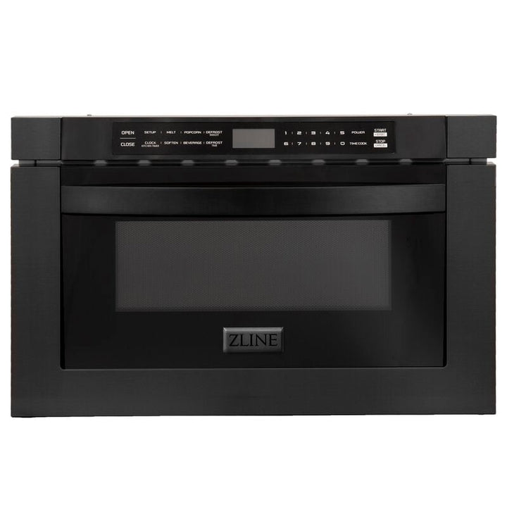 ZLINE Package - 48" Dual Fuel Range, Hood, Refrigerator with Water & Ice Dispenser, Dishwasher and Microwave in Black Stainless