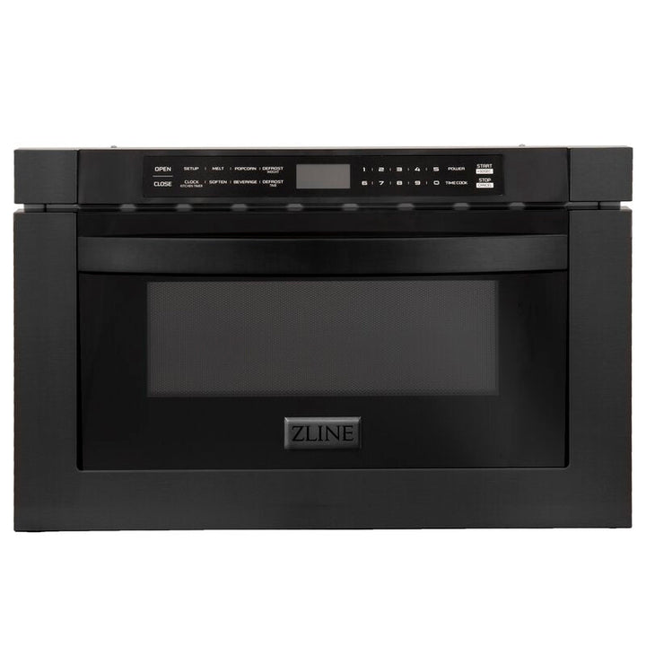 ZLINE Package - 30" Dual Fuel Range, Microwave, Range Hood, Refrigerator With Water And Ice Dispenser, Dishwasher in Black Stainless Steel