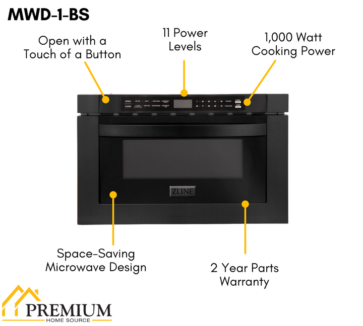 ZLINE Kitchen and Bath Appliance Package - 36 in. Dual Fuel Range, Range Hood, Microwave Drawer, Refrigerator in Black Stainless, 4KPR-RABRH36-MW