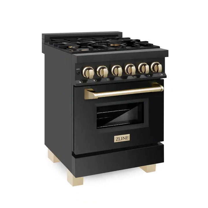 ZLINE 24 in. Autograph Edition Dual Fuel Range in Black Stainless Steel with Gold Accents, RABZ-24-G