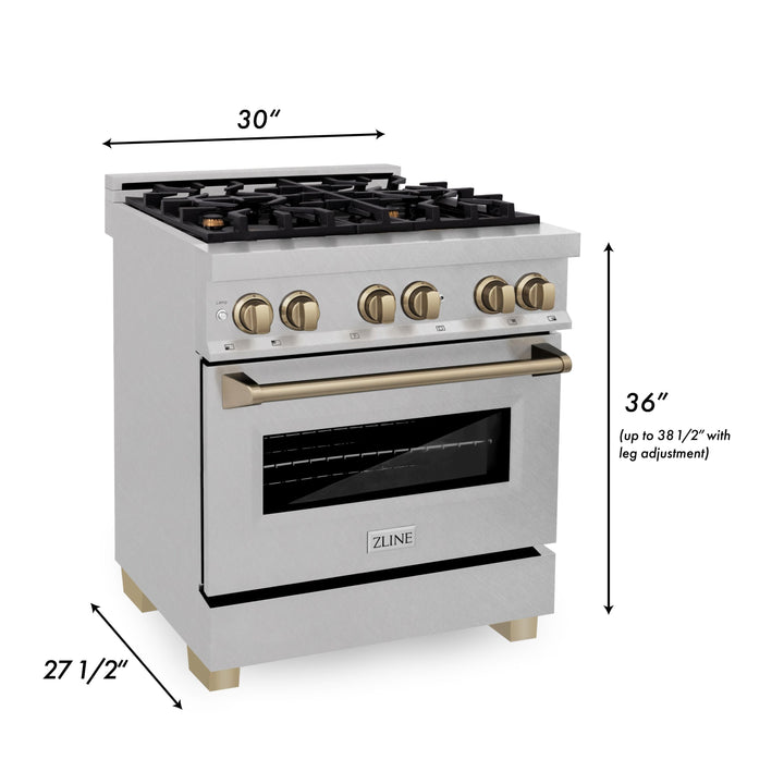 ZLINE Kitchen and Bath 30 Inch Autograph Edition Dual Fuel Range in DuraSnow® Stainless Steel with Champagne Bronze Accents, RASZ-SN-30-CB