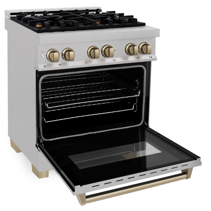 ZLINE Kitchen and Bath 30 Inch Autograph Edition Dual Fuel Range in DuraSnow® Stainless Steel with Champagne Bronze Accents, RASZ-SN-30-CB