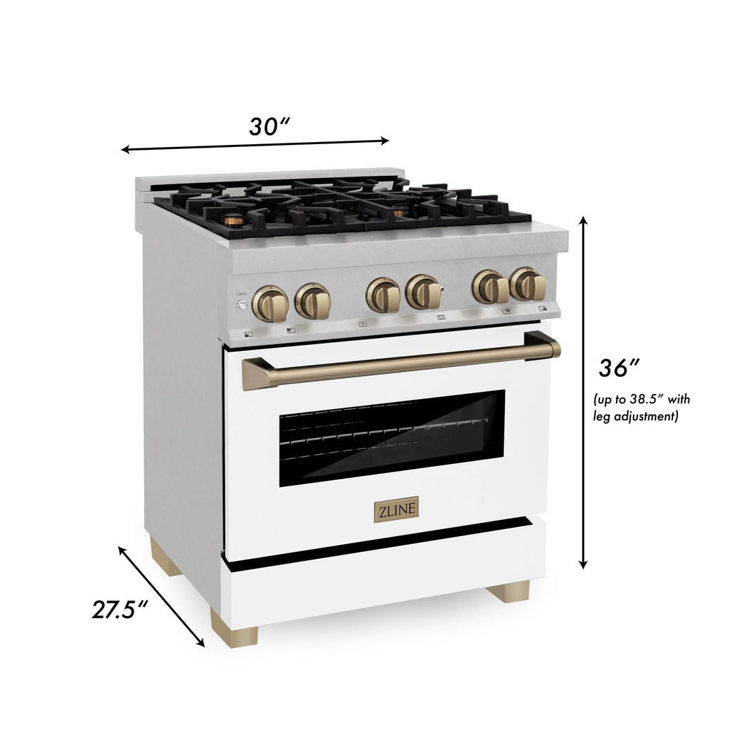 ZLINE 30 Inch Autograph Edition Dual Fuel Range in DuraSnow® Stainless Steel with White Matte Door and Champagne Bronze Accents, RASZ-WM-30-CB