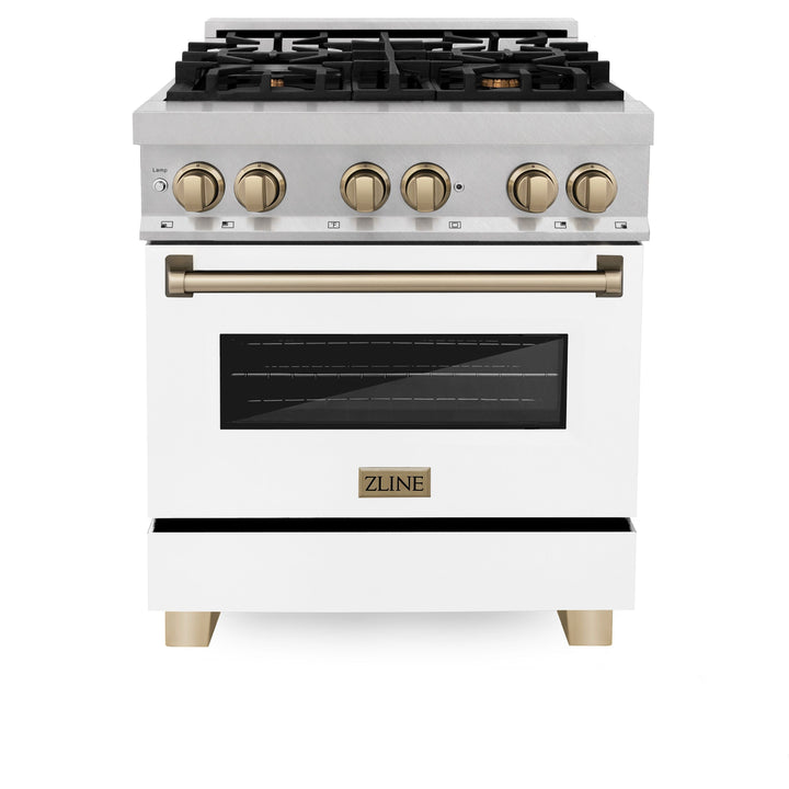 ZLINE 30 Inch Autograph Edition Dual Fuel Range in DuraSnow® Stainless Steel with White Matte Door and Champagne Bronze Accents, RASZ-WM-30-CB