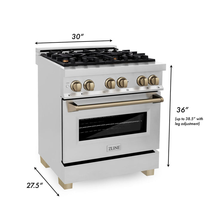 ZLINE Autograph Package - 30 In. Dual Fuel Range, Range Hood, Dishwasher, Refrigerator with Champagne Bronze Accents, 4KAPR-RARHDWM30-CB