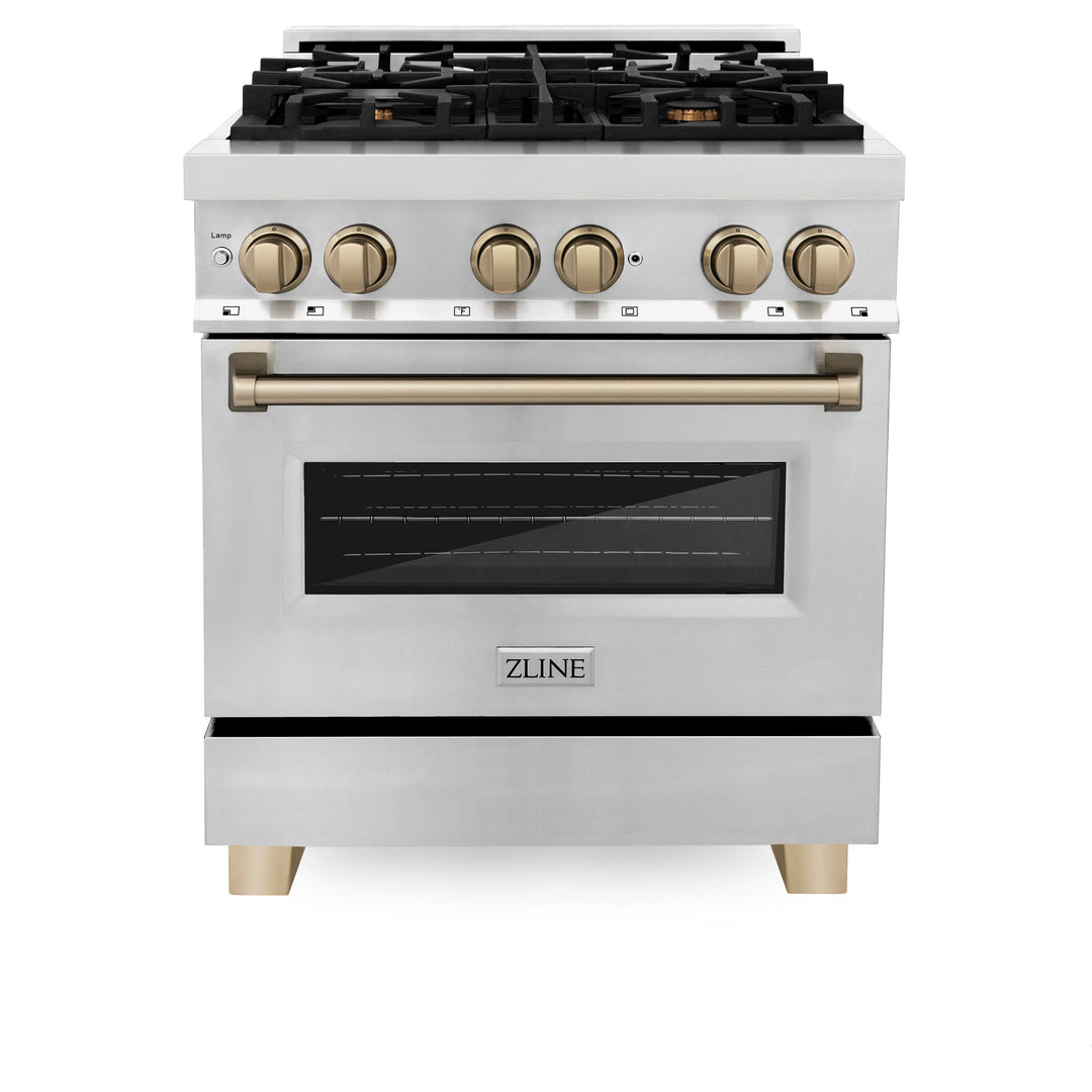 ZLINE Autograph Package - 30" Dual Fuel Range, Range Hood, Dishwasher, Refrigerator with Water and Ice Dispenser with Bronze Accents