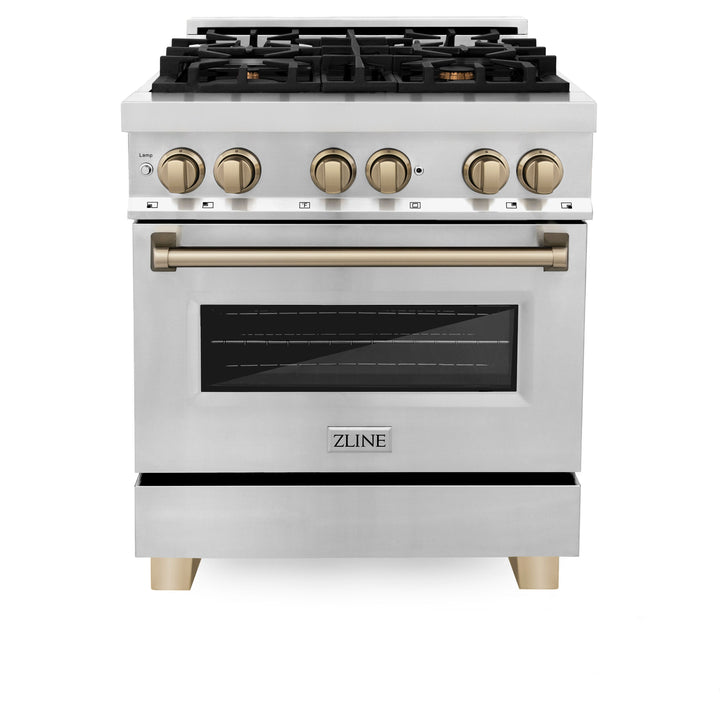 ZLINE Autograph Package - 30 In. Dual Fuel Range, Range Hood in Stainless Steel with Champagne Bronze Accents, 2AKP-RARH30-CB