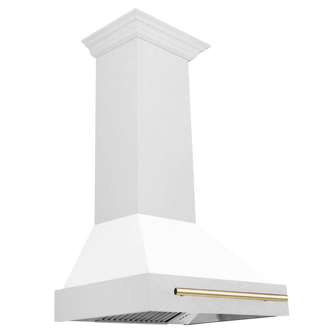 ZLINE 30 Inch Autograph Edition DuraSnow® Range Hood with White Matte Shell and Gold Handle, 8654SNZ-WM30-G