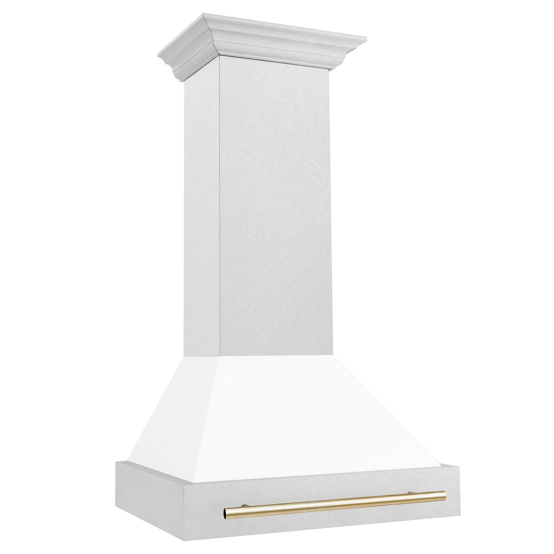 ZLINE 30 Inch Autograph Edition DuraSnow® Range Hood with White Matte Shell and Gold Handle, 8654SNZ-WM30-G