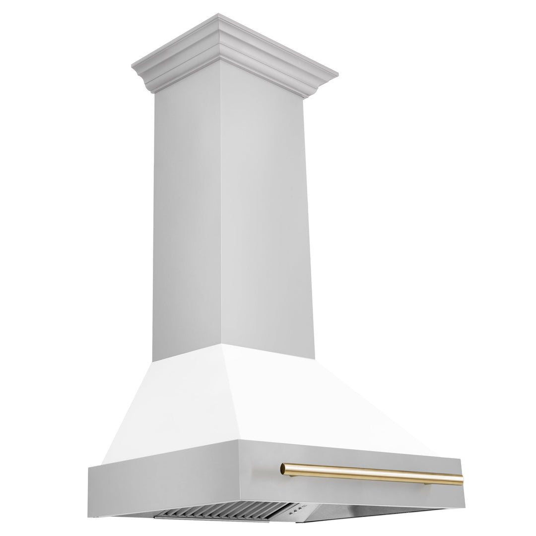 ZLINE Autograph Package - 30 In. Gas Range and Range Hood in Stainless Steel with White Matte Door and Gold Accents, 2AKP-RGWMRH30-G