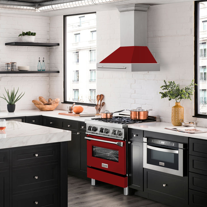 ZLINE 30 Inch  Stainless Steel Range Hood with Red Gloss Shell and Stainless Steel Handle, 8654STX-RG-30