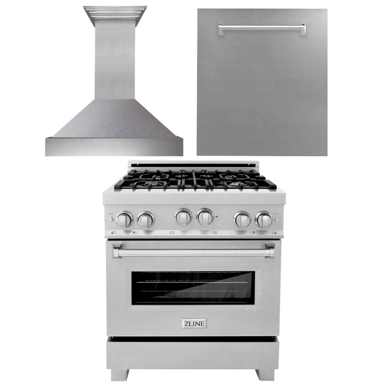 ZLINE 30" Kitchen Package Gas Range Ducted Range Hood &amp; Dishwasher