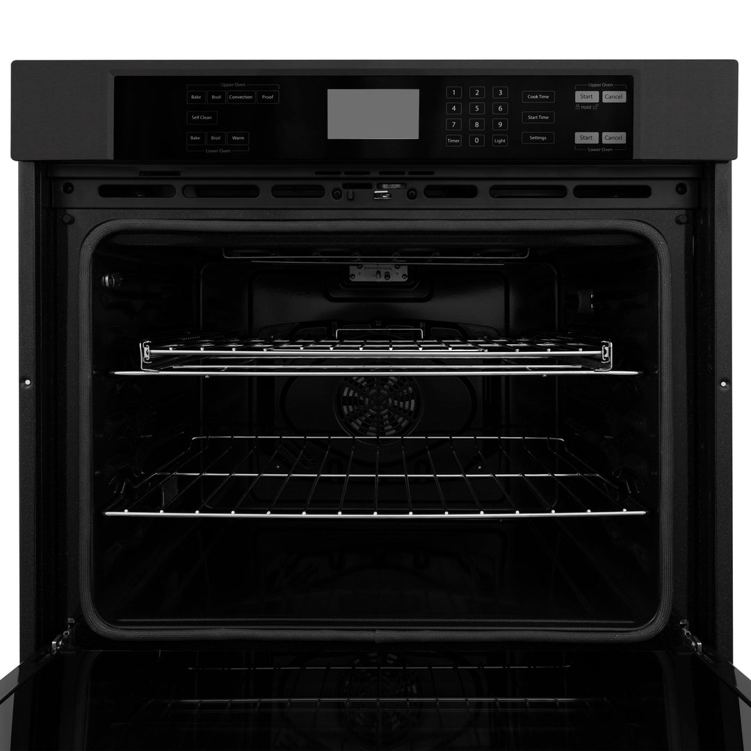 ZLINE Package - 30" Rangetop, Range Hood, Refrigerator, Double Wall Oven in Black Stainless