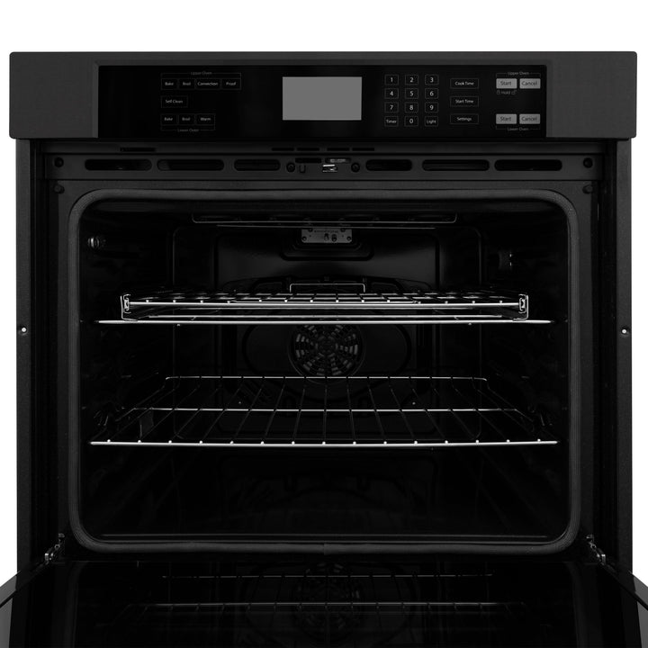 ZLINE Package - 30" Rangetop, Range Hood, Refrigerator, Double Wall Oven in Black Stainless