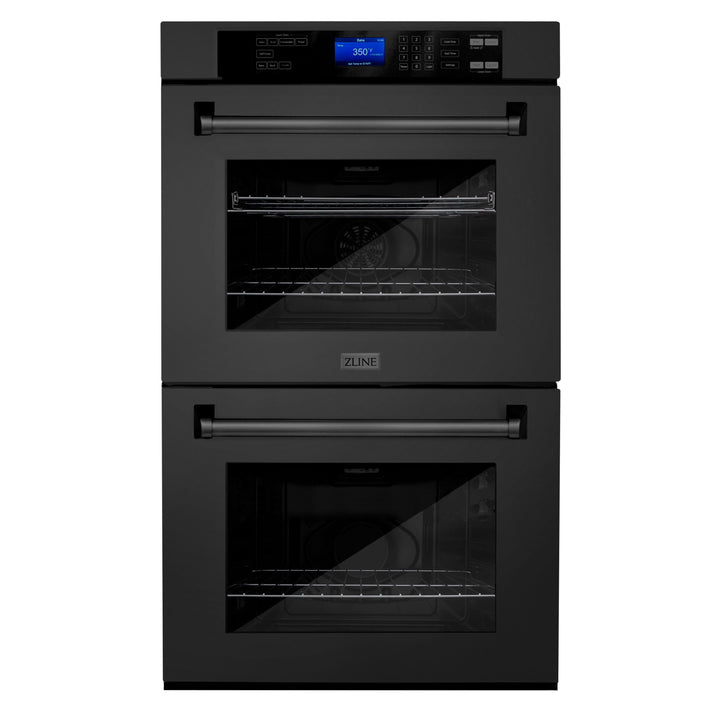 ZLINE Package - 30" Rangetop, Range Hood, Refrigerator, Double Wall Oven in Black Stainless