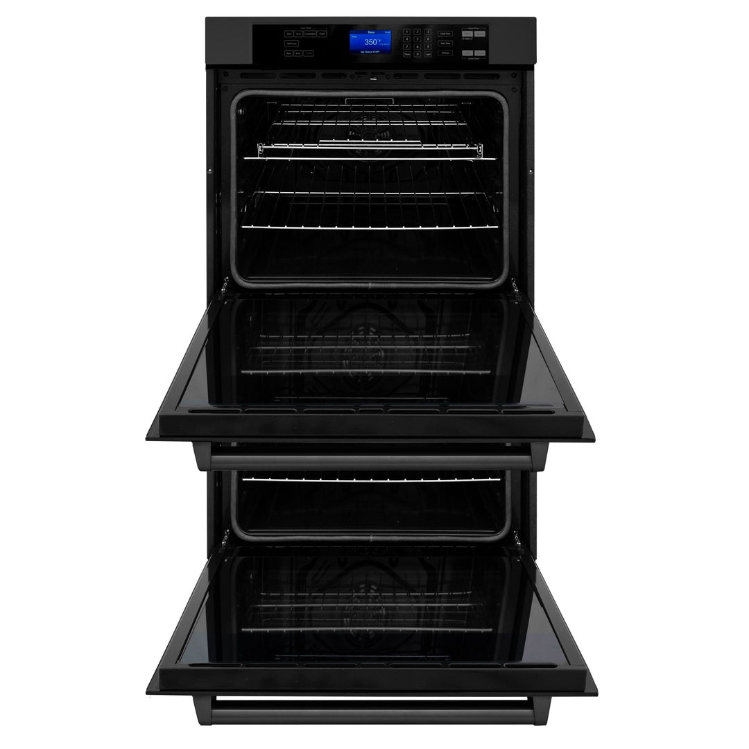 ZLINE Package - 30" Rangetop, Range Hood, Refrigerator, Double Wall Oven in Black Stainless