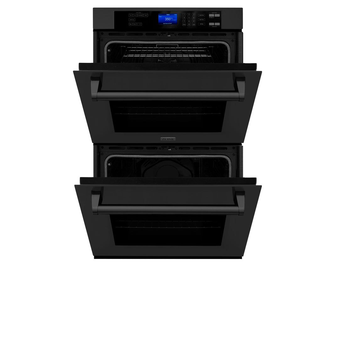 ZLINE Package - 30" Rangetop, Range Hood, Refrigerator, Double Wall Oven in Black Stainless