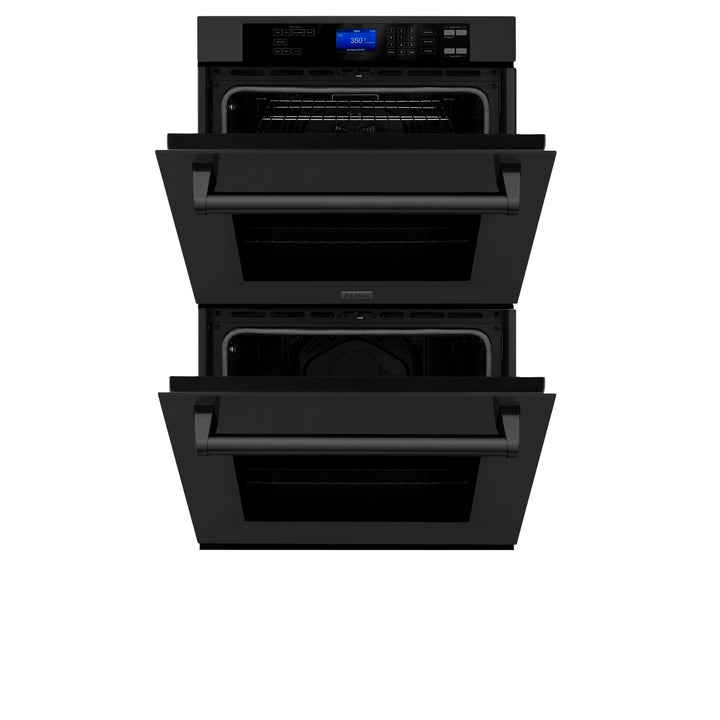 ZLINE Package - 30" Rangetop, Range Hood, Refrigerator, Double Wall Oven in Black Stainless