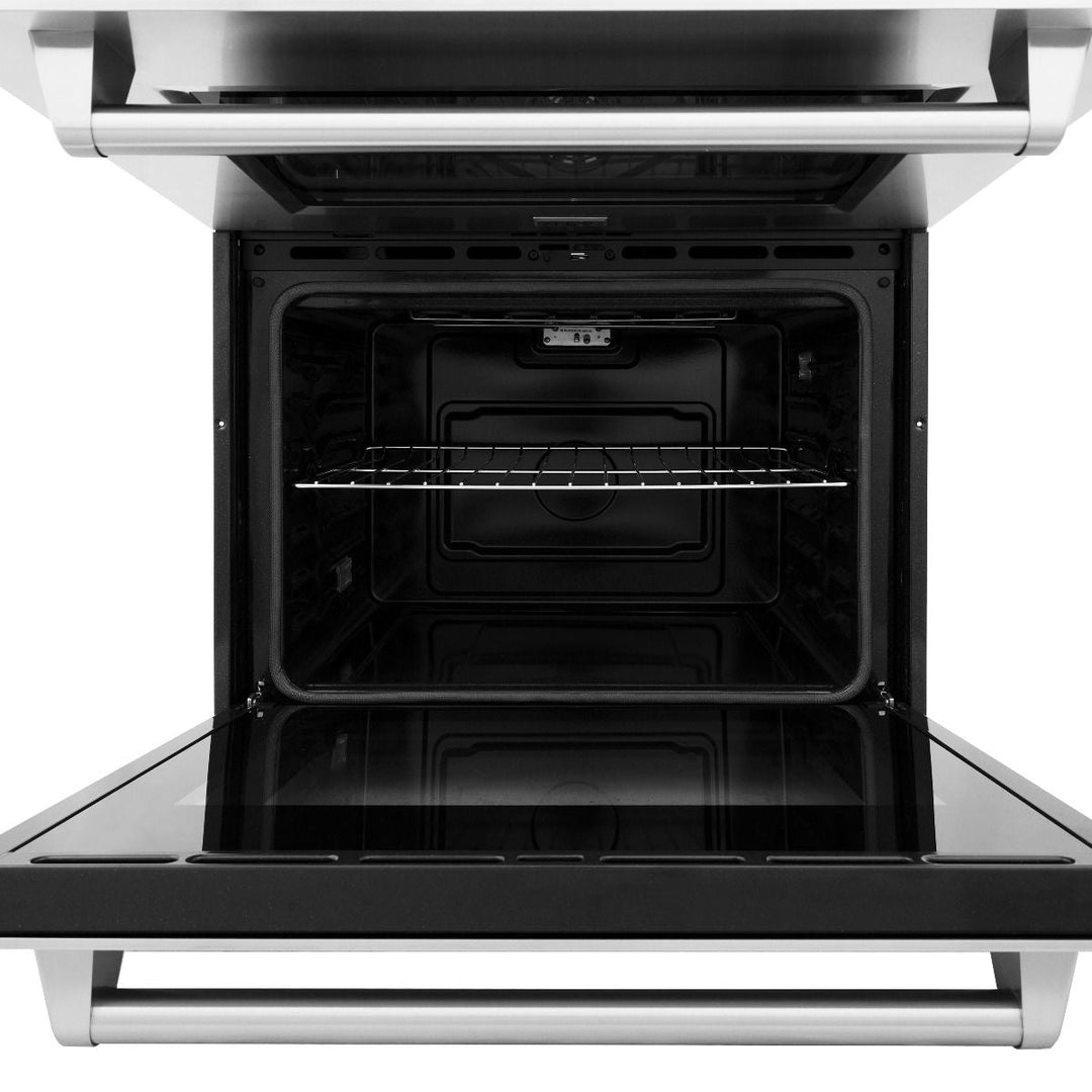 ZLINE 4-Piece Appliance Package - 30 In. Rangetop, Range Hood, Refrigerator, and Double Wall Oven in Stainless Steel, 4KPR-RTRH30-AWD