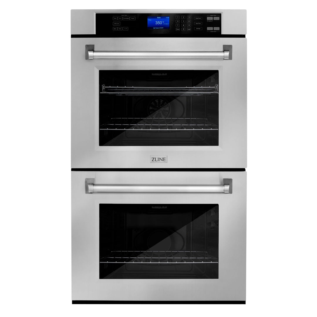 ZLINE 4-Piece Appliance Package - 30 In. Rangetop, Range Hood, Refrigerator, and Double Wall Oven in Stainless Steel, 4KPR-RTRH30-AWD