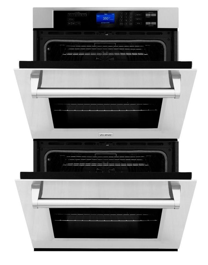 ZLINE 4-Piece Appliance Package - 36 In. Rangetop, Range Hood, Refrigerator, and Double Wall Oven in Stainless Steel, 4KPR-RTRH36-AWD