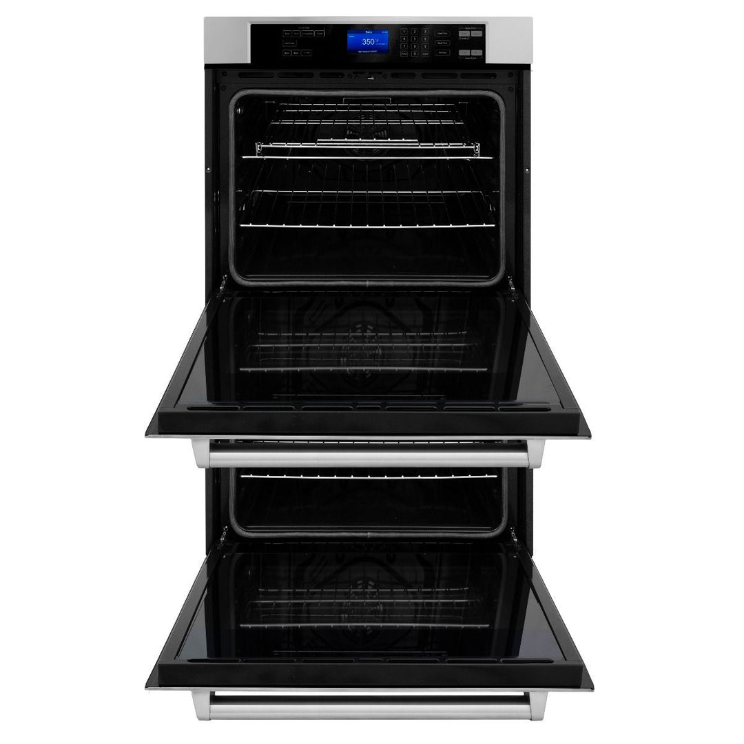 ZLINE 4-Piece Appliance Package - 36 In. Rangetop, Range Hood, Refrigerator, and Double Wall Oven in Stainless Steel, 4KPR-RTRH36-AWD