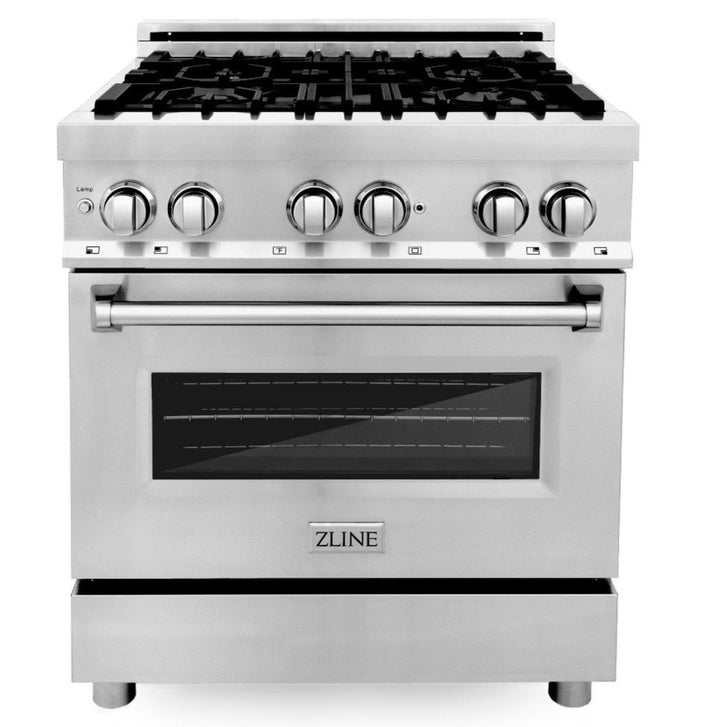 ZLINE Package - 30" Dual Fuel Range, Range Hood, Microwave, Dishwasher, Refrigerator with Water & Ice Dispenser