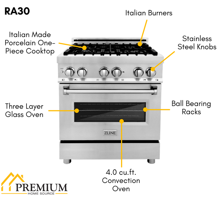 ZLINE 30 in. Dual Fuel Range, Over-the-Range Microwave, Dishwasher Appliance Package, 3KP-RAOTR30-DWV