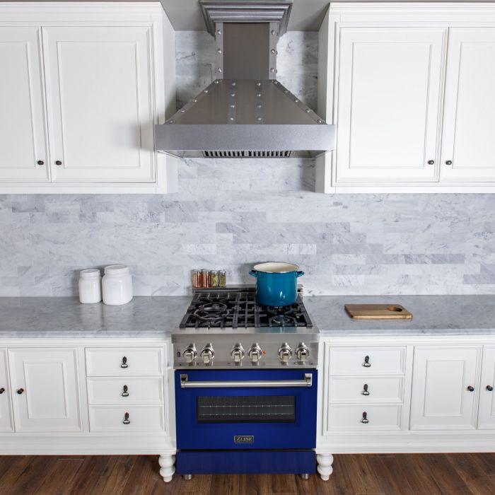 ZLINE 30 in. Dual Fuel Range in Blue Gloss & 30 in. Range Hood Appliance Package, 2KP-RABGRH30