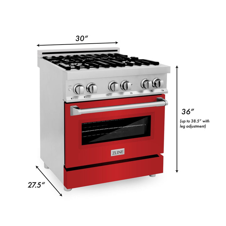 ZLINE 30 in. Dual Fuel Range with Red Matte Door & 30 in. Range Hood Appliance Package, 2KP-RARMRH30