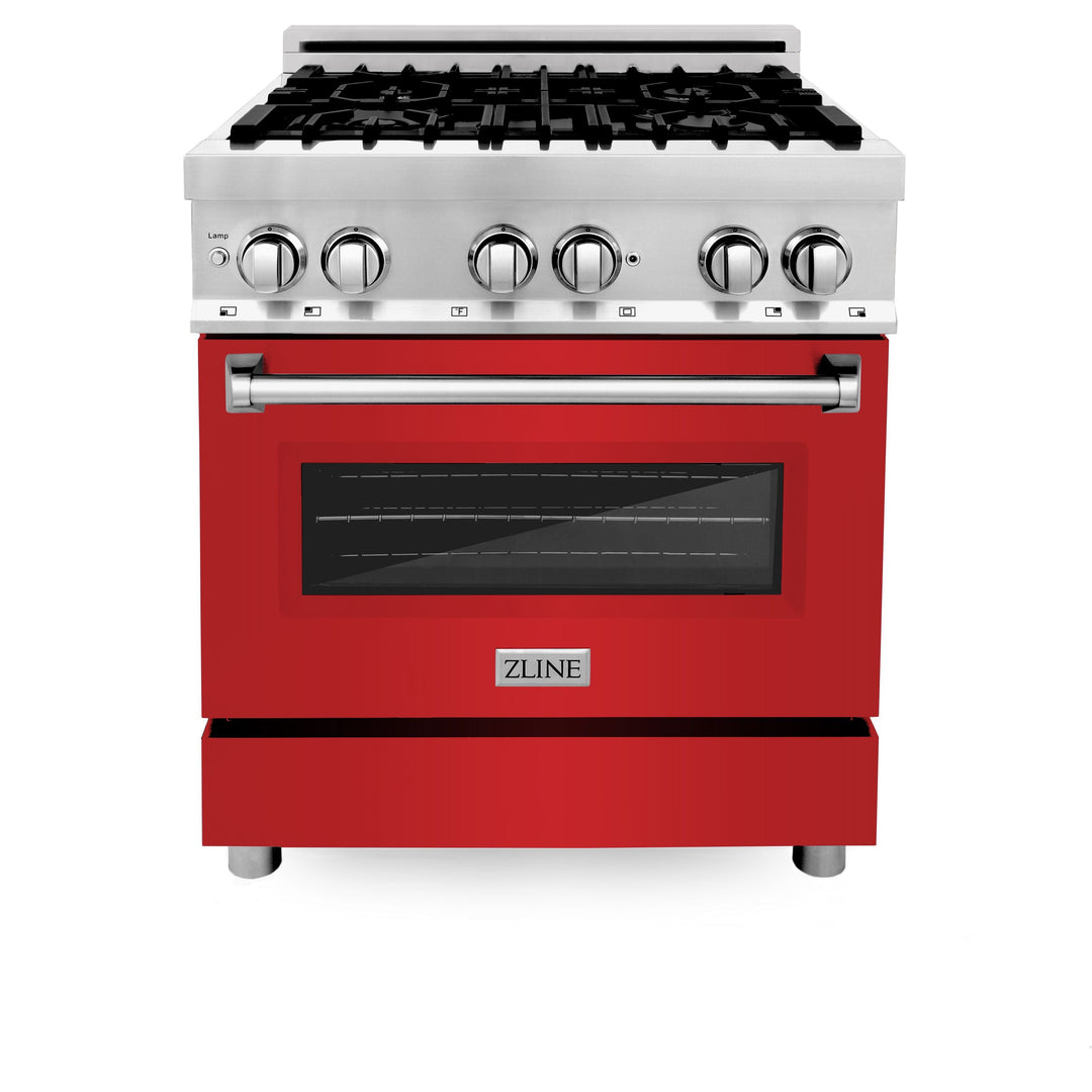 ZLINE 30 in. Dual Fuel Range with Red Matte Door & 30 in. Range Hood Appliance Package, 2KP-RARMRH30