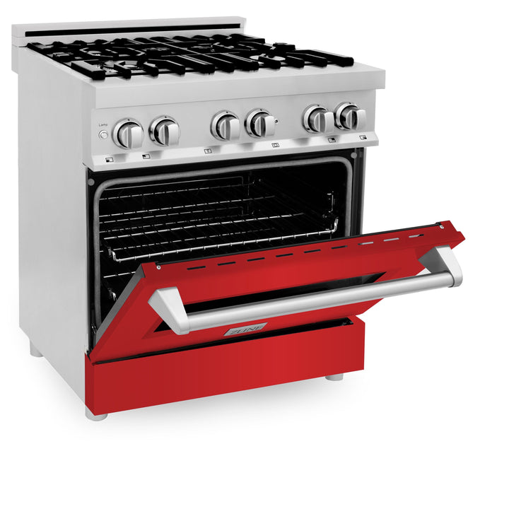 ZLINE 30 in. Dual Fuel Range with Red Matte Door & 30 in. Range Hood Appliance Package, 2KP-RARMRH30