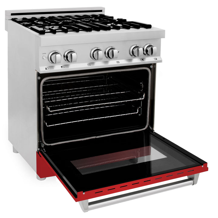 ZLINE 30 in. Dual Fuel Range with Red Matte Door & 30 in. Range Hood Appliance Package, 2KP-RARMRH30