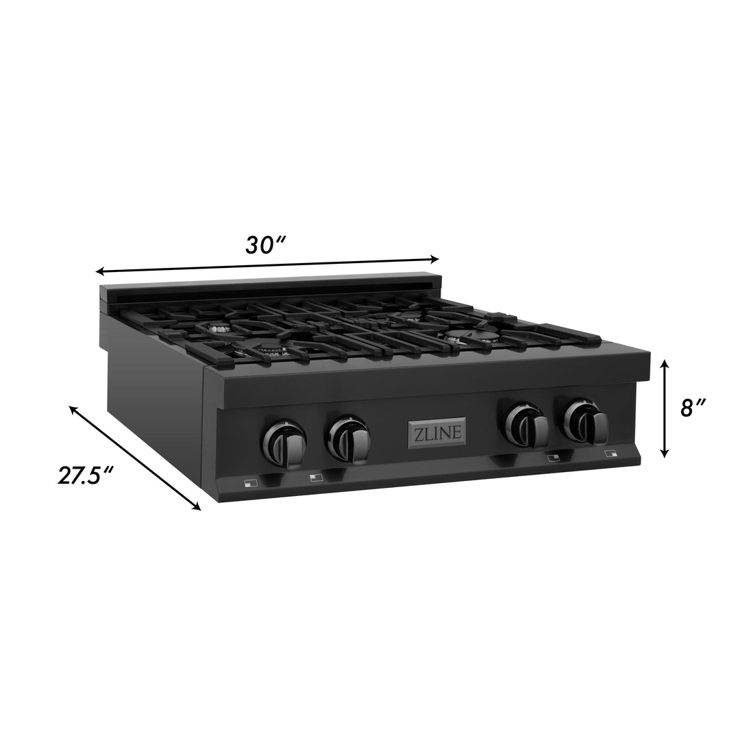 ZLINE Package - 30" Rangetop, Range Hood, Refrigerator, Double Wall Oven in Black Stainless