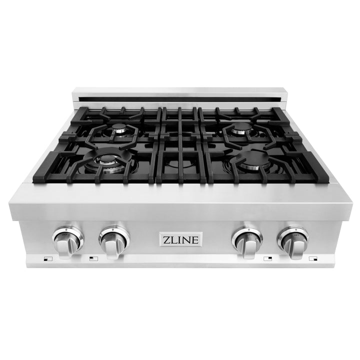 ZLINE 4-Piece Appliance Package - 30 In. Rangetop, Range Hood, Refrigerator, and Double Wall Oven in Stainless Steel, 4KPR-RTRH30-AWS