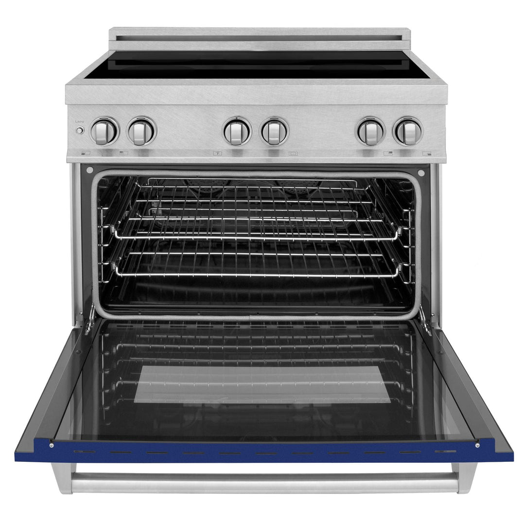 ZLINE 36 In. 4.6 cu. ft. Induction Range with a 4 Element Stove and Electric Oven in Durasnow and Blue Gloss, RAINDS-BG-36