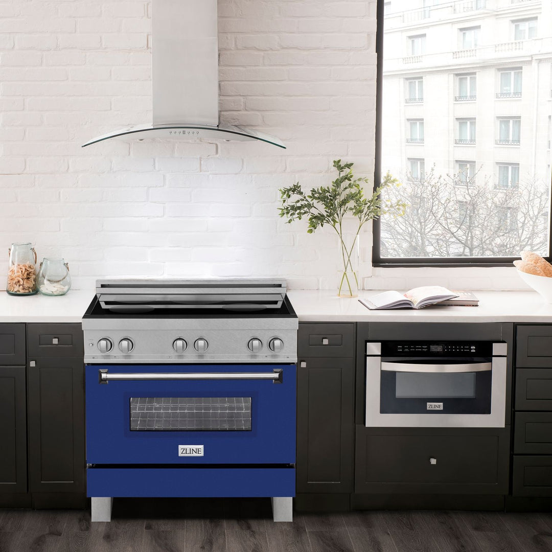 ZLINE 36 In. 4.6 cu. ft. Induction Range with a 4 Element Stove and Electric Oven in Durasnow and Blue Gloss, RAINDS-BG-36