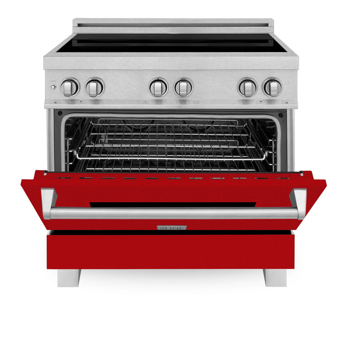 ZLINE 36 In. 4.6 cu. ft. Induction Range with a 4 Element Stove and Electric Oven in Durasnow and Red Gloss, RAINDS-RG-36