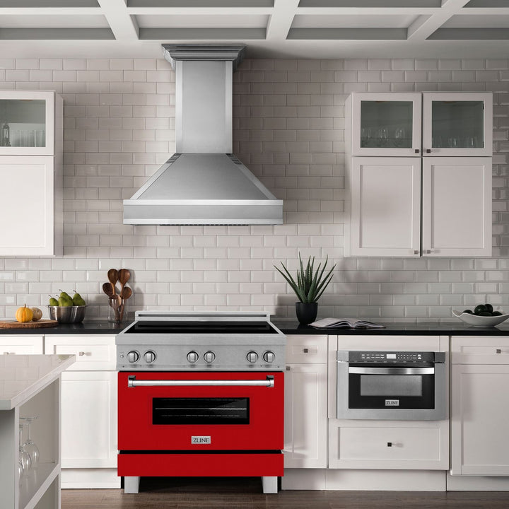 ZLINE 36 In. 4.6 cu. ft. Induction Range with a 4 Element Stove and Electric Oven in Durasnow and Red Gloss, RAINDS-RG-36