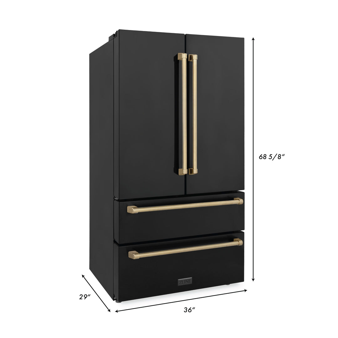 ZLINE Autograph Package - 36 Inch Gas Range, Range Hood, Dishwasher, Refrigerator in Black with Champagne Bronze Accents, 4AKPR-RGBRHDWV36-CB