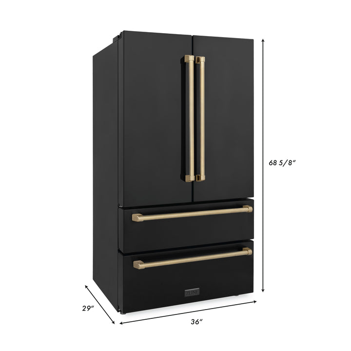 ZLINE Autograph Package - 48" Dual Fuel Range, Range Hood, Refrigerator, Dishwasher in Black Stainless, Bronze Accents