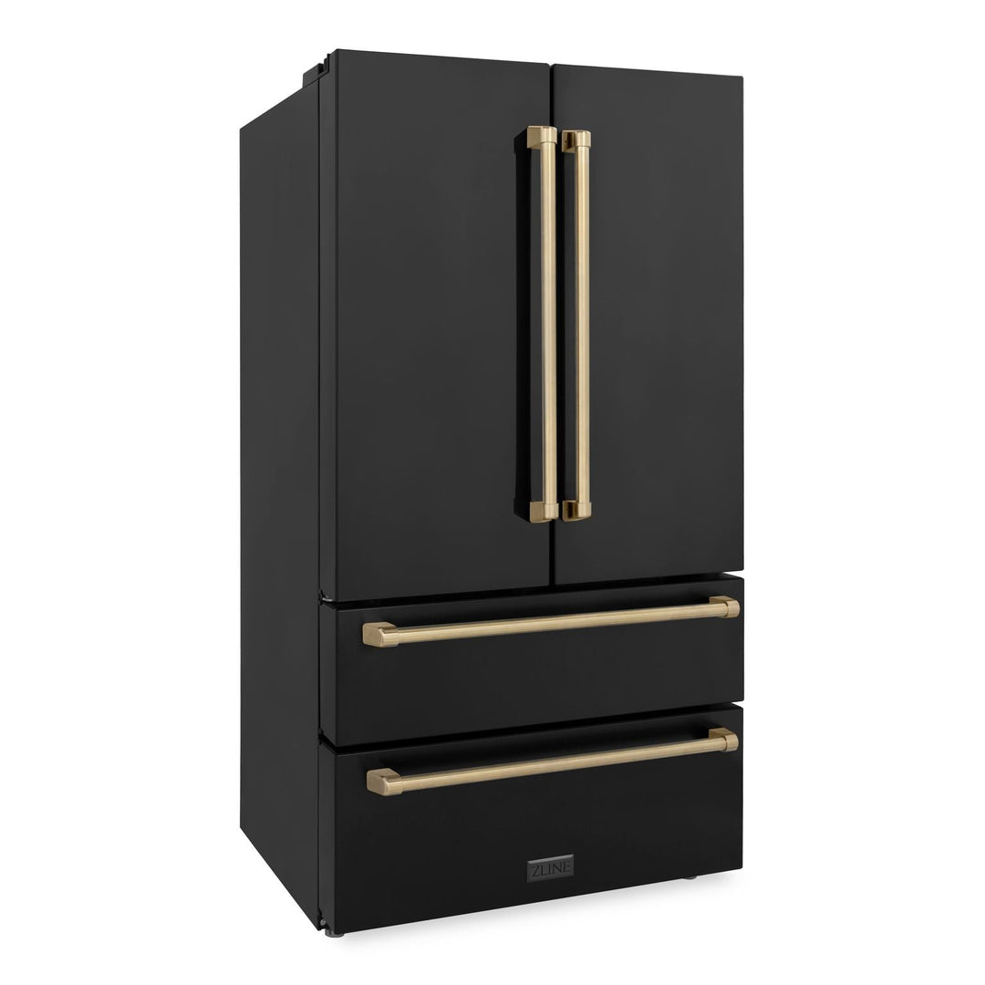 ZLINE Autograph Package - 30" Gas Range, Range Hood, Refrigerator, Dishwasher in Black Stainless with Bronze Accents