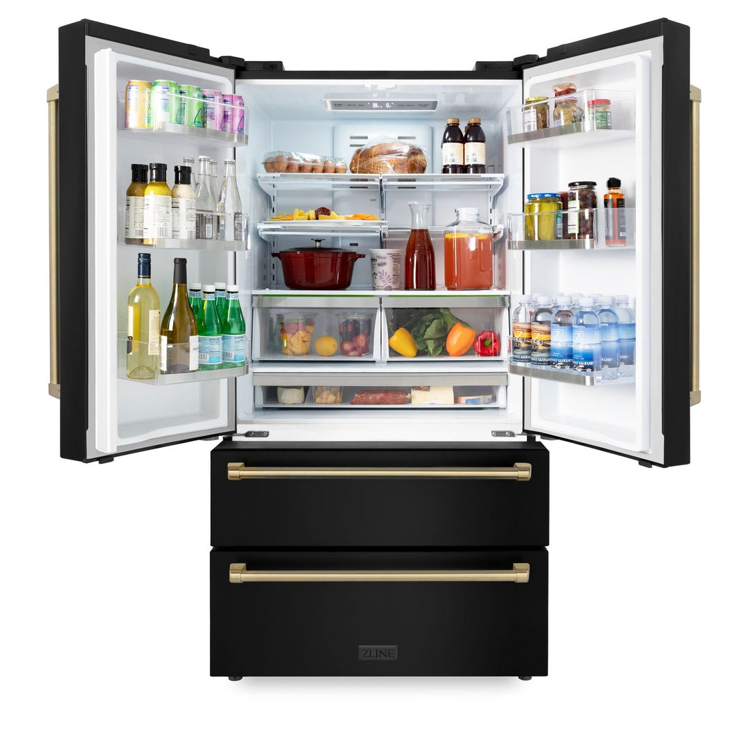 ZLINE Autograph Package - 30" Gas Range, Range Hood, Refrigerator, Dishwasher in Black Stainless with Bronze Accents