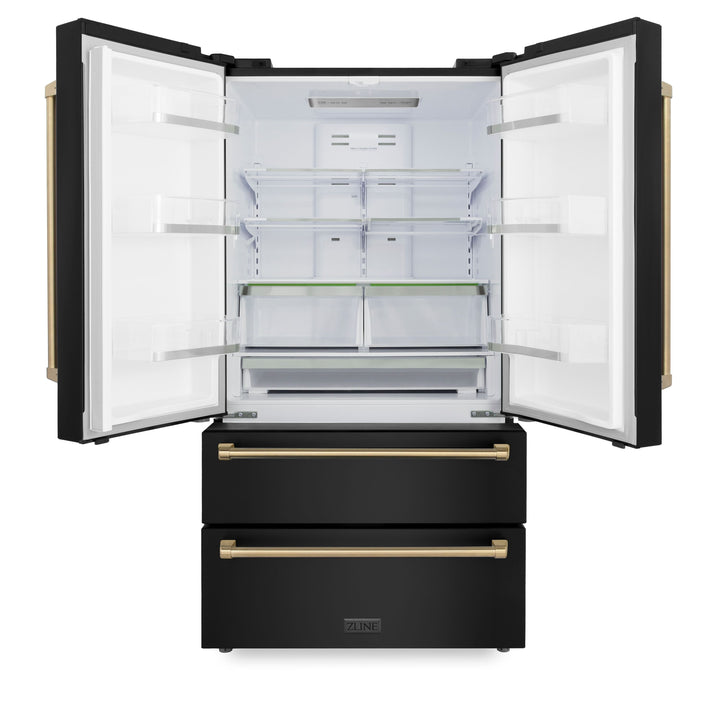 ZLINE Autograph Package - 48" Dual Fuel Range, Range Hood, Refrigerator, Dishwasher in Black Stainless, Bronze Accents