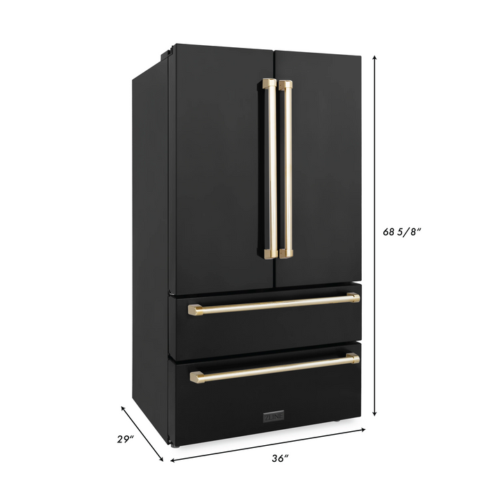 ZLINE Autograph Package - 30" Dual Fuel Range, Range Hood, Refrigerator, Dishwasher in Black Stainless with Gold Accents