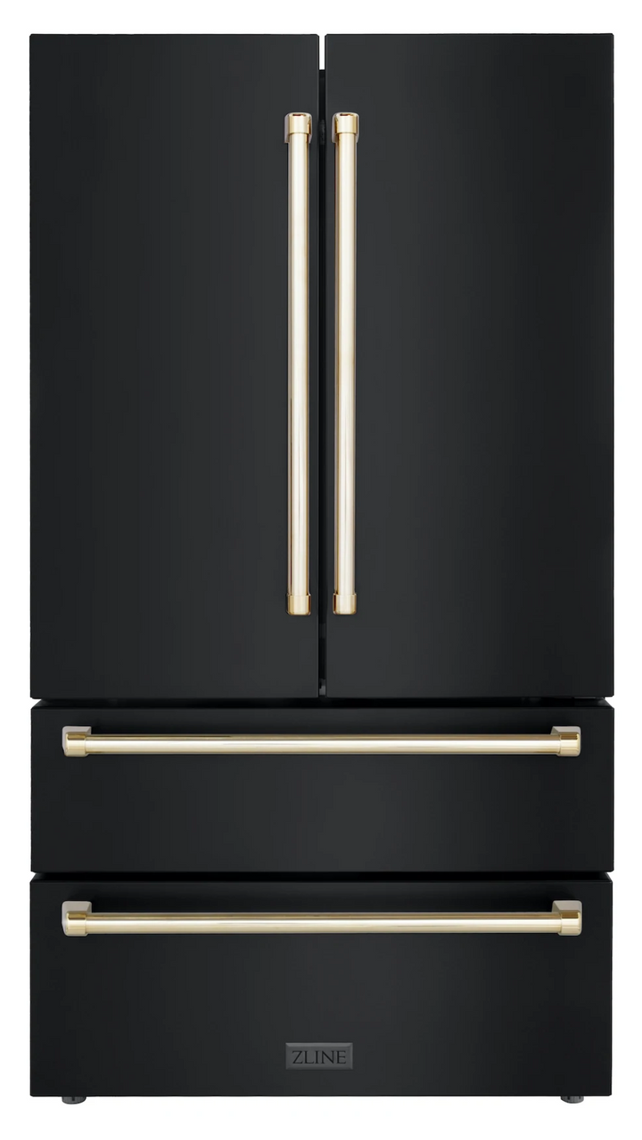 ZLINE Autograph Package - 48" Dual Fuel Range, Range Hood, Refrigerator, Dishwasher in Black Stainless with Gold Accents