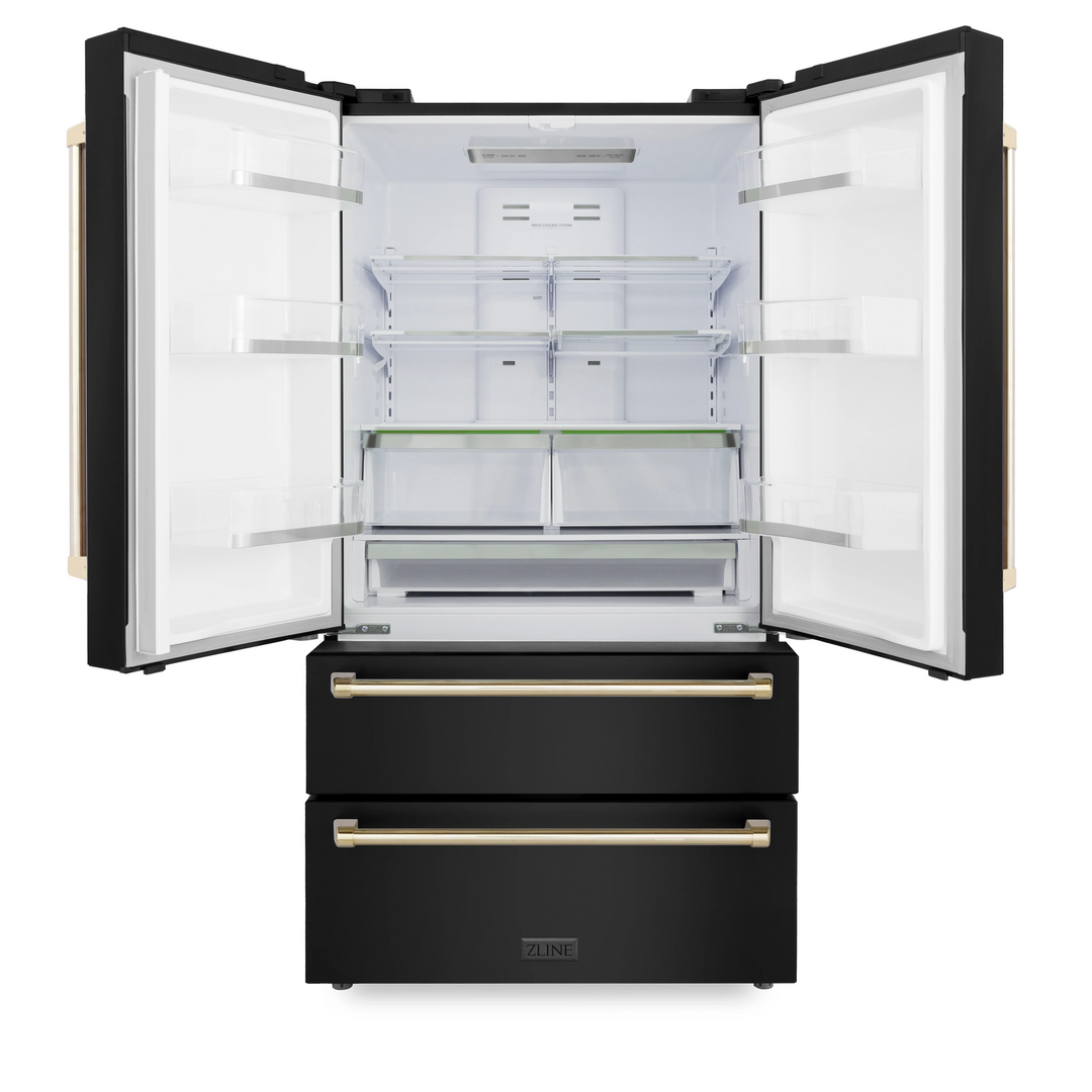 ZLINE Autograph Package - 30" Dual Fuel Range, Range Hood, Refrigerator, Dishwasher in Black Stainless with Gold Accents