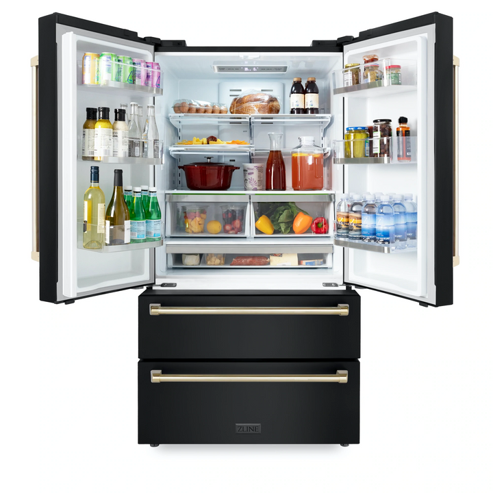 ZLINE Autograph Package - 30" Dual Fuel Range, Range Hood, Refrigerator, Dishwasher in Black Stainless with Gold Accents